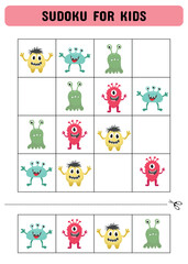 Fototapeta na wymiar Sudoku for children with monsters. Kids activity sheet .Fun sudoku puzzle with cute monsters illustration. Children educational activity worksheet.