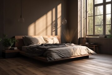 A realistic, contemporary black bed with gray pillows, a teakwood bed frame, and a bedside table. Early morning window light, the shadow of leaves on a beige wall, and a parquet floor. Apartment, a ho