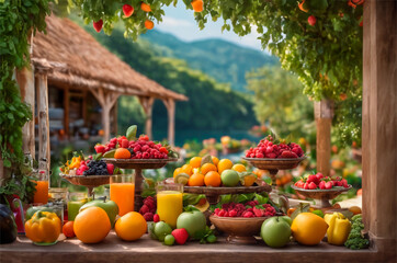 Bodegón de frutas en un paisaje idílico