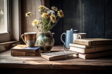 Vintage books, a coffee mug, and a flower on a loft style wood desk. Space for working and copying