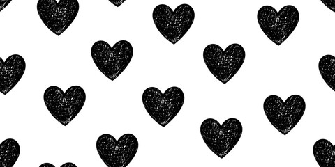 Asymmetric Monochrome Seamless Pattern of Hand-Drawn Black Hearts on White Backdrop. Style of Children's Drawing.