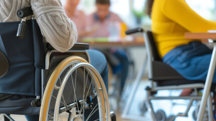 Diverse and inclusive workplace with disabled colleagues in wheelchairs