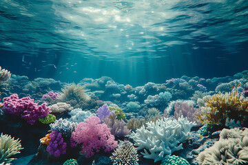 Global warming manifesting as a coral reef bleaching event, showcasing vibrant coral turning pale and lifeless, underwater environment with fading colors