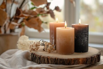 three candles sitting wooden stand flowers top selection soothing cozy landscape large obsidian crystals warm hues draped drapes log homes flares relaxing peace