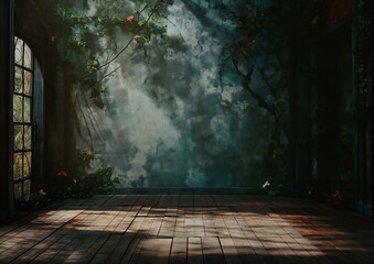 room wooden floor wall theatrical scenery deep jungle texture lost place theater dressing ancient garden behind vast empty hall dusty light actor - obrazy, fototapety, plakaty