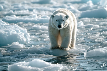 The impact of global warming depicted through a polar bear on a melting ice floe, Arctic Wildlife, Climate Change Impact - obrazy, fototapety, plakaty
