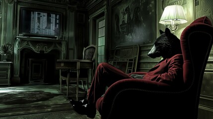 Obraz na płótnie Canvas Bear market concept anamorphic bear in red suit sitting in old house with stock share graphics
