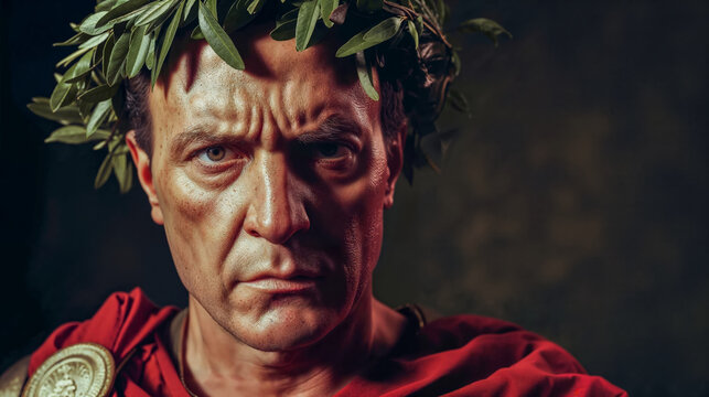 Julius Caesar, portrait of stern man embodying Roman emperor with laurel wreath in dramatic lighting on a dark background.