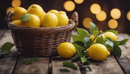 freshly picked lemons in a basket, on an old wooden table
