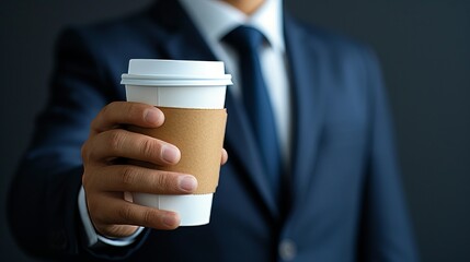 Close up of businessman holding empty coffee to go paper cup mockup for branding and advertising