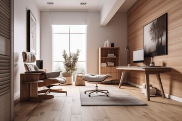 Interior design of a minimalist, cozy Scandinavian home office featuring a wood recliner, a computer mockup on a wood table, and a little wood wall cabinet