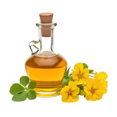 fresh raw organic tropaeolum oil in glass bowl png isolated on white background with clipping path. natural organic dripping serum herbal medicine rich of vitamins concept. selective focus