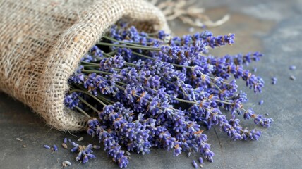 Bunch of lavender stems wrapped in burlap on a rustic surface.