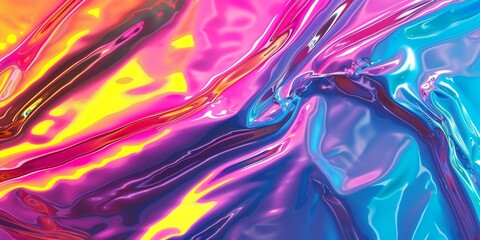 Fototapeta premium Modern bright neon purple, green, orange colored metallic psychedelic optimistic holographic foil texture. Abstract holographic background 80s, 90s, 2000s style. psychedelic retro futurism panorama.