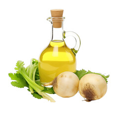 fresh raw organic turnip oil in glass bowl png isolated on white background with clipping path. natural organic dripping serum herbal medicine rich of vitamins concept. selective focus