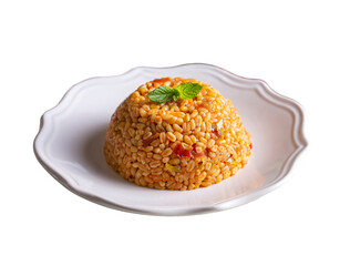 Traditional turkish bulgur pilaf with tomato sause in plate (Turkish name; meyhane pilavi)