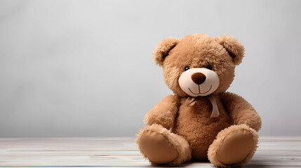 A brown teddy bear sitting up against a white background