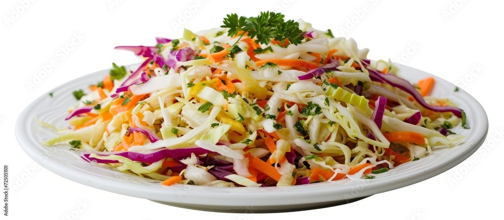 Sticker Cabbage with fish sauce, on a white plate, isolated on white background.