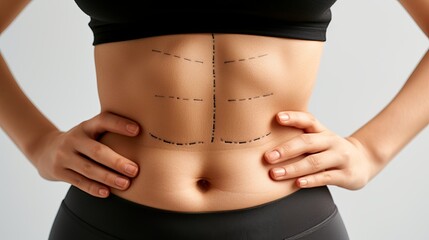 Close up of young woman s flat belly with dashed lines pre operation   plastic surgery concept