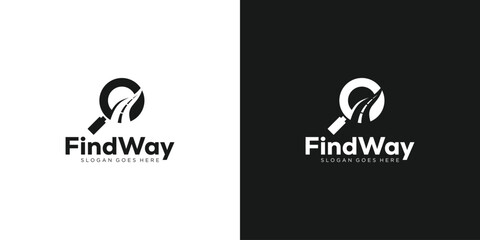 Creative Find Way Logo. Magnifying Glass and Journey, Road, Route, Map Pin with Minimalist Style. Search Way Logo Icon Symbol Vector Design Template. - obrazy, fototapety, plakaty
