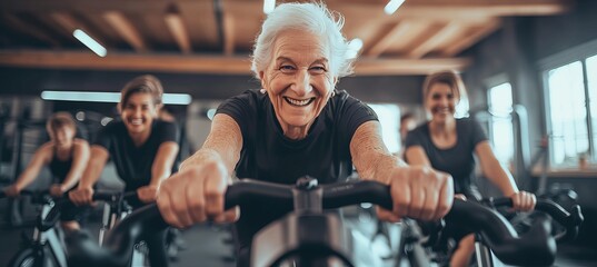 Active senior woman with grey hair practicing indoor cycling with group of people in gym