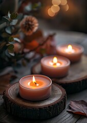 Fototapeta na wymiar candles lit wooden slice leaves flowers dripping wax cozy peaceful atmosphere interconnections autumn color calm serene relaxed home garden afternoon