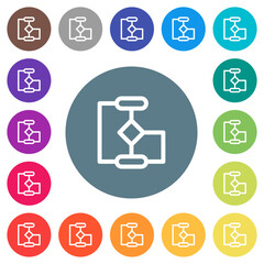 Flow chart outline flat white icons on round color backgrounds