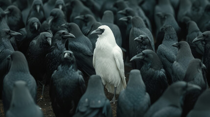 Single white crow among black crows - obrazy, fototapety, plakaty