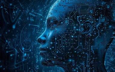closeup persons head circuit board background artificial intelligence technological screens face shown human torso apotheosis complex beings black interface - obrazy, fototapety, plakaty