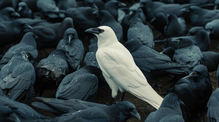 Single white crow among black crows