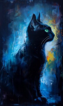 black kitty cat kitten sitting rain yellow light blue glowing eyes spray paint bright backlit profile oil resin meow facing away