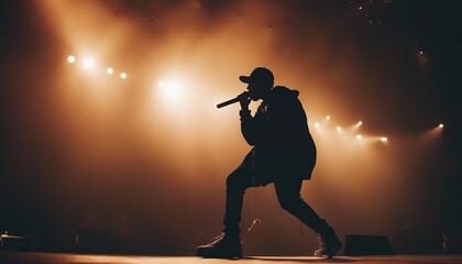 Obraz premium silhouette of rap singer performing on stadium stage, lights and smoke in the background, warm light 