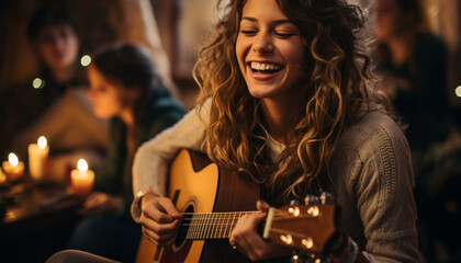Young adults playing guitar, smiling, enjoying music, creating togetherness generated by AI