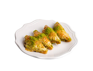 Turkish Dessert Sobiyet Baklava. Turkish pistachio baklava on a white background. Local name şöbiyet baklava