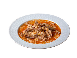 Turkish Soup Beyran with Lamb Meat, Rice, Chopped Garlic and Vinegar Sauce. Traditional Organic Food. Traditional soup of Gaziantep, Turkey. (Turkish name; Beyran corbasi)