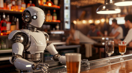 AI robot bartender stands behind bar with shelves of liquor and glasses, serving drink, in warmly lit setting.