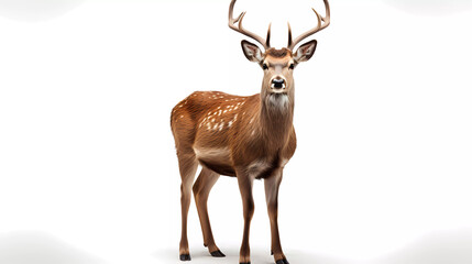 A deer is standing in front of a white background