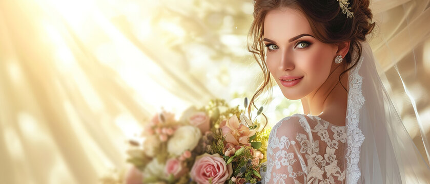 wedding advertising with a beautiful woman in wedding dress with bouquet of flowers