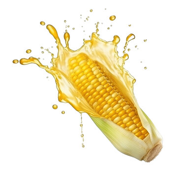 realistic fresh ripe corn kernel with slices falling inside swirl fluid gestures of milk or yoghurt juice splash png isolated on a white background with clipping path. selective focus