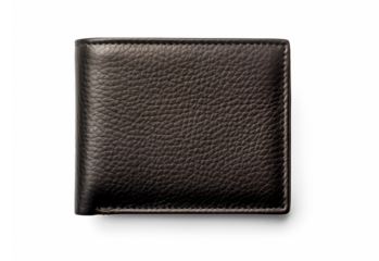 male black genuine leather wallet with banknotes and credit card isolated on white transparent  background, png.  top view, flat lay.