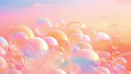 Cluster of iridescent soap bubbles floating flying against a pastel color sunset sky - Powered by Adobe
