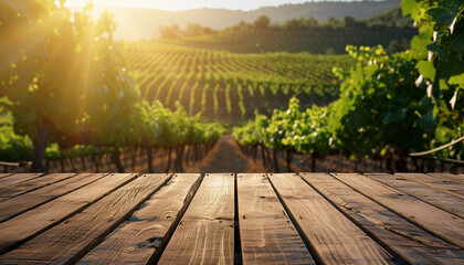 Wooden table top with copy space. Vineyard background - obrazy, fototapety, plakaty