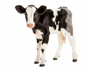 Calf cow isolated on white transparent  background, png.  White black calf