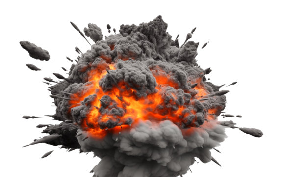 Large fireball with black smoke. fiery explosion with smoke isolated on white transparent background, png.	
