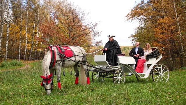 Man, woman and coachman are sitting in a wagon with one horse