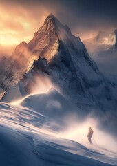 skiers snowy mountain background volumetric soft lighting climber business products supplies time climb path chiseled formations entertainment adventurer - obrazy, fototapety, plakaty