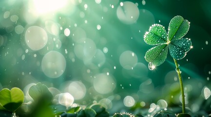 green clover deep droplets soft blur background light sun rays beams header full lucky clovers banner wondering about others mine fully visible