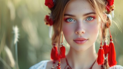Modern beautiful girl with Red tassel Baba Marta symbol Martenitsa. International Martisor day celebrates spring arrival.