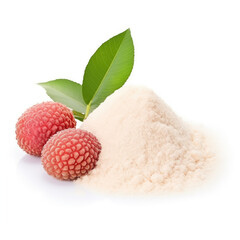 close up pile of finely dry organic fresh raw lychee powder isolated on white background. bright colored heaps of herbal, spice or seasoning recipes clipping path. selective focus