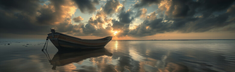 an old boat on calm waters at sunrise